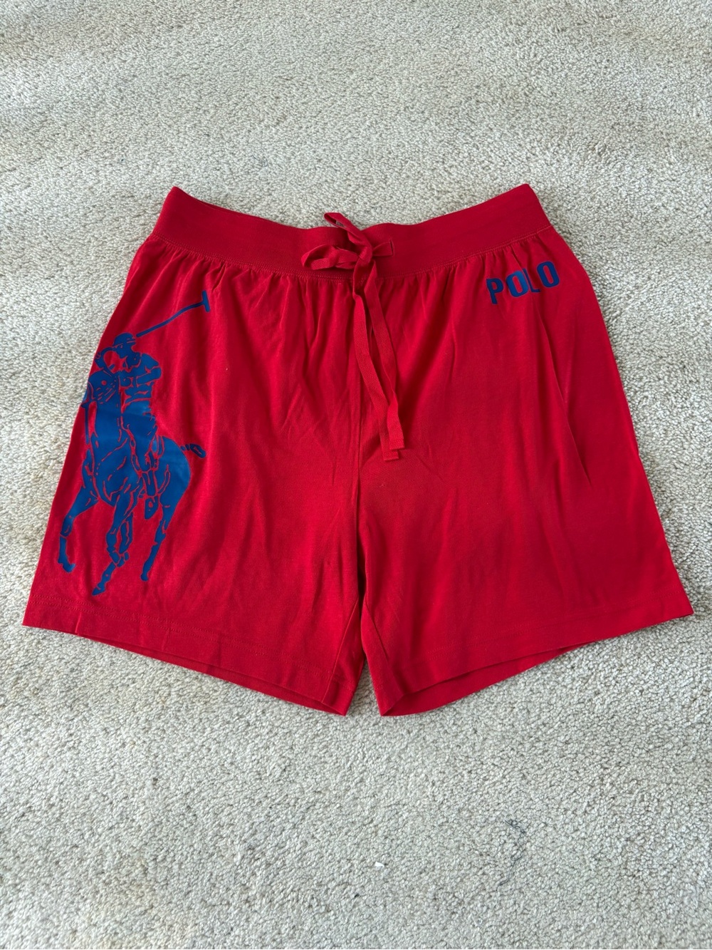 Polo by Ralph Lauren Red Athletic Drawstring Shorts with Blue Logo